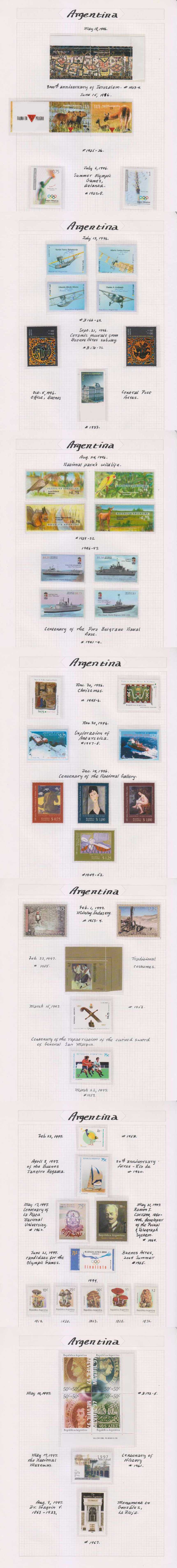 Argentina 1995 — 78 stamps & 9 Souvenir Sheet or minisheets Scott 1876 thru 1967 & B164-b175