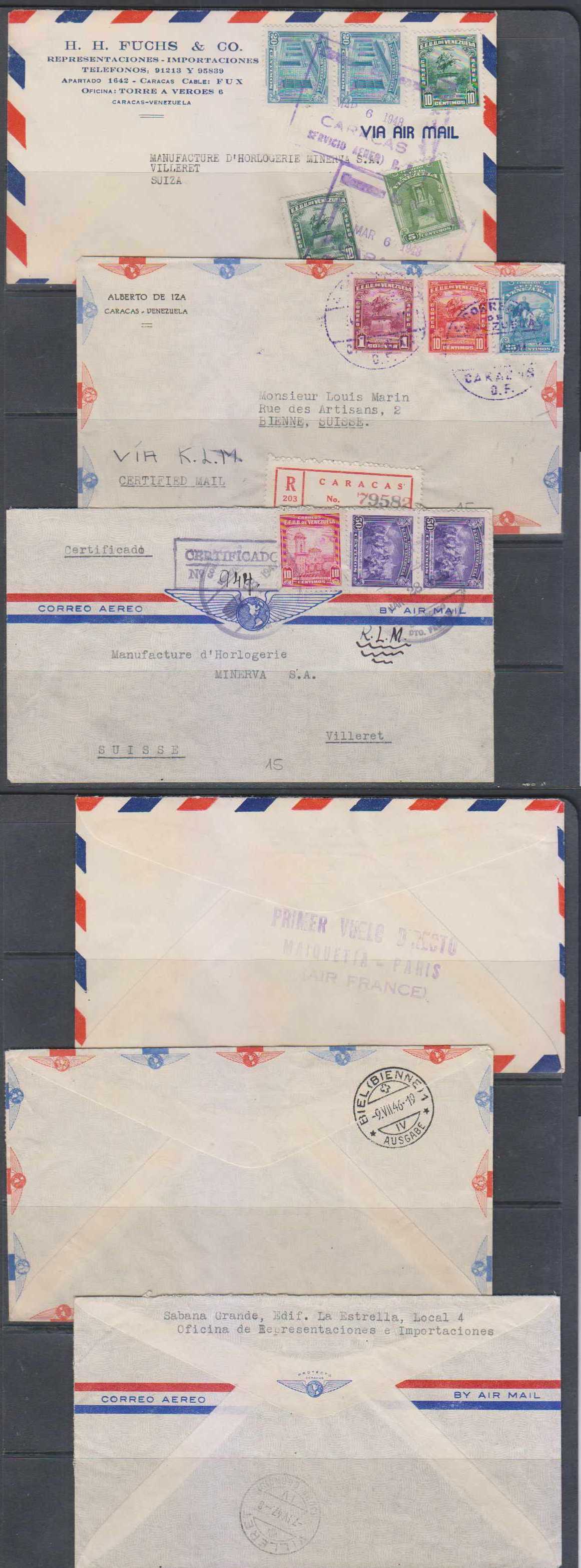 Venezuela 1946 — issues on 11 airmails to France, USA & Switzerland including 4 registered, 2 with…