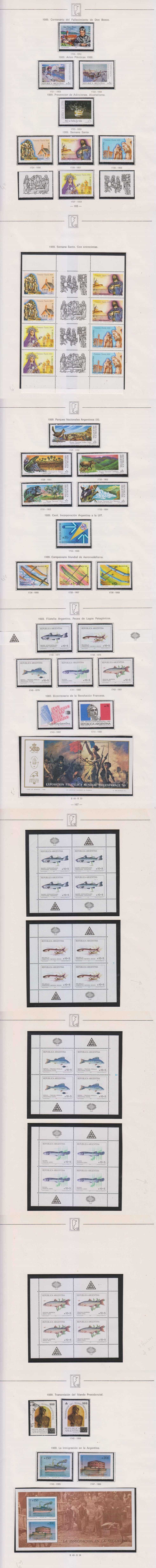 Argentina 1989 — Collection on 16 album pages featuring 112 stamps & 12 Souvenir Sheets or sheets chiefly…